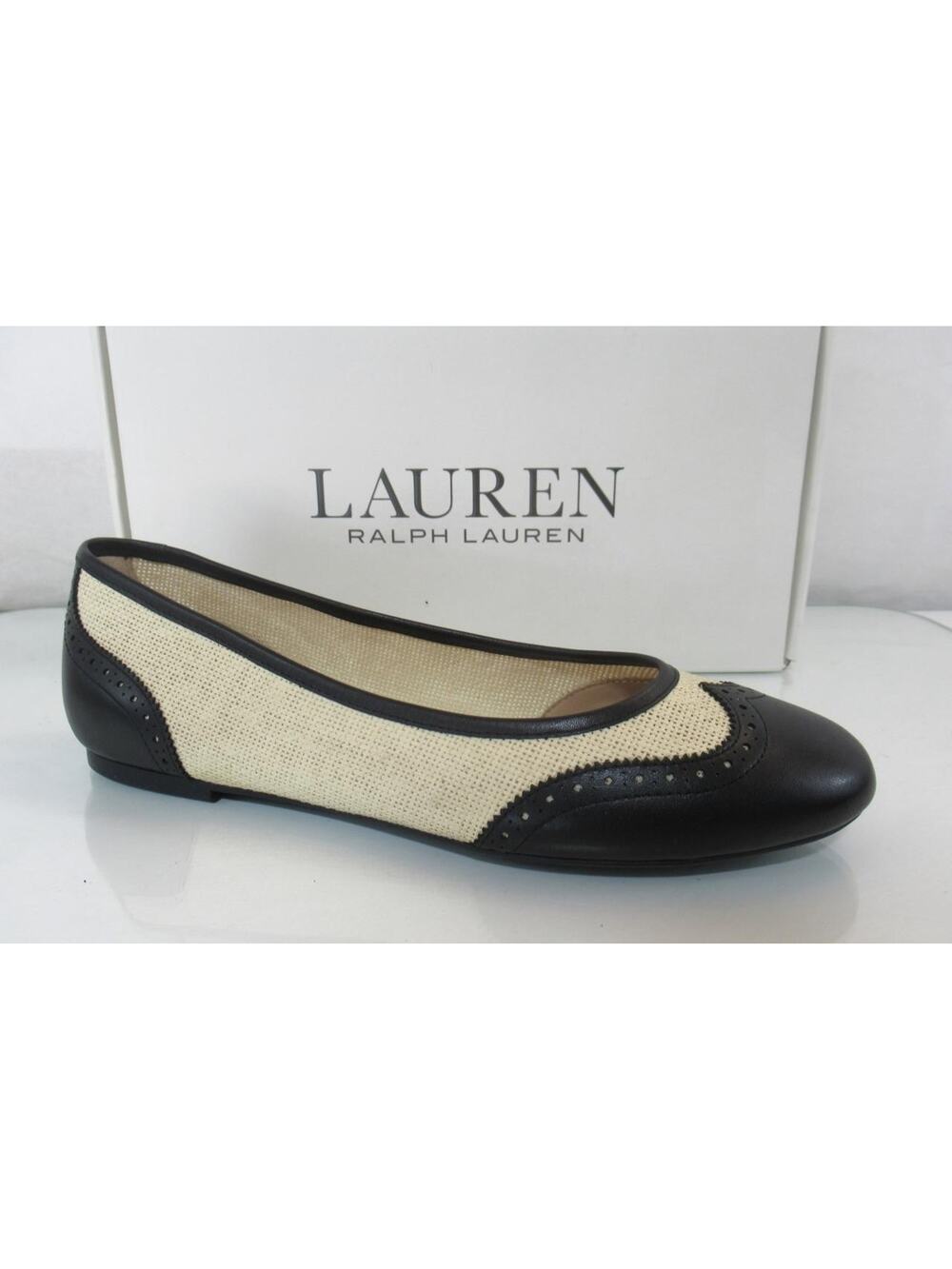 Ralph Lauren Jayna Wingtip Ballet Flats Straw Woven Brogue Natural Black Size 8